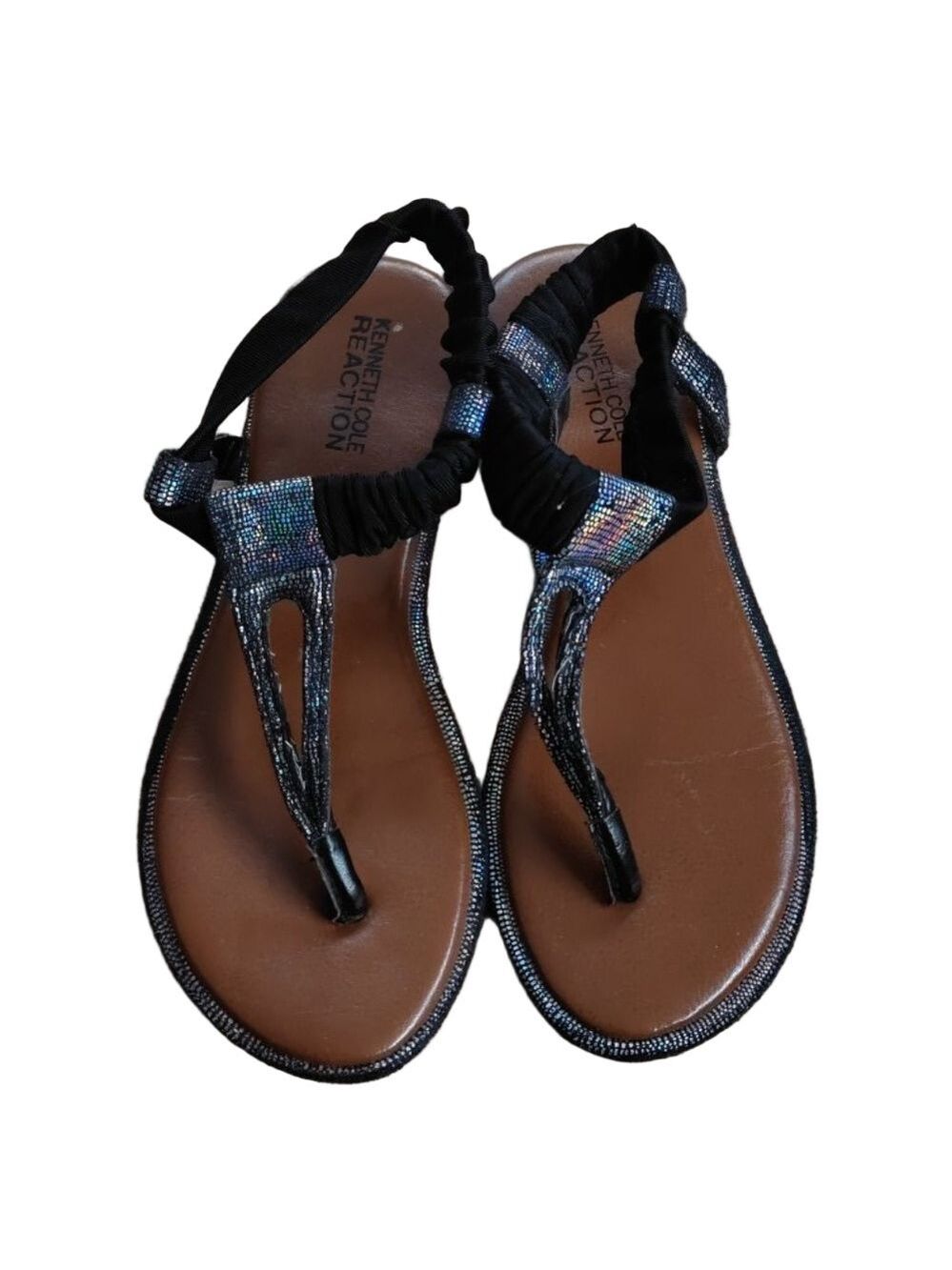 Kenneth Cole Reaction Girls 2 Black Shimmer Thong Sandals Stretch Summer Beach